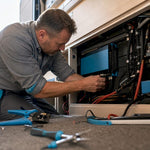 Technician installing DC to DC charger in camper van
