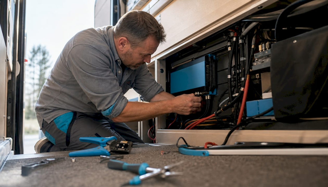 Technician installing DC to DC charger in camper van