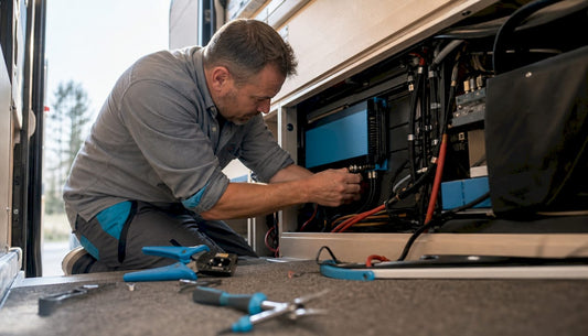 Technician installing DC to DC charger in camper van