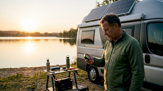 Motorhome with solar panels and man checking battery