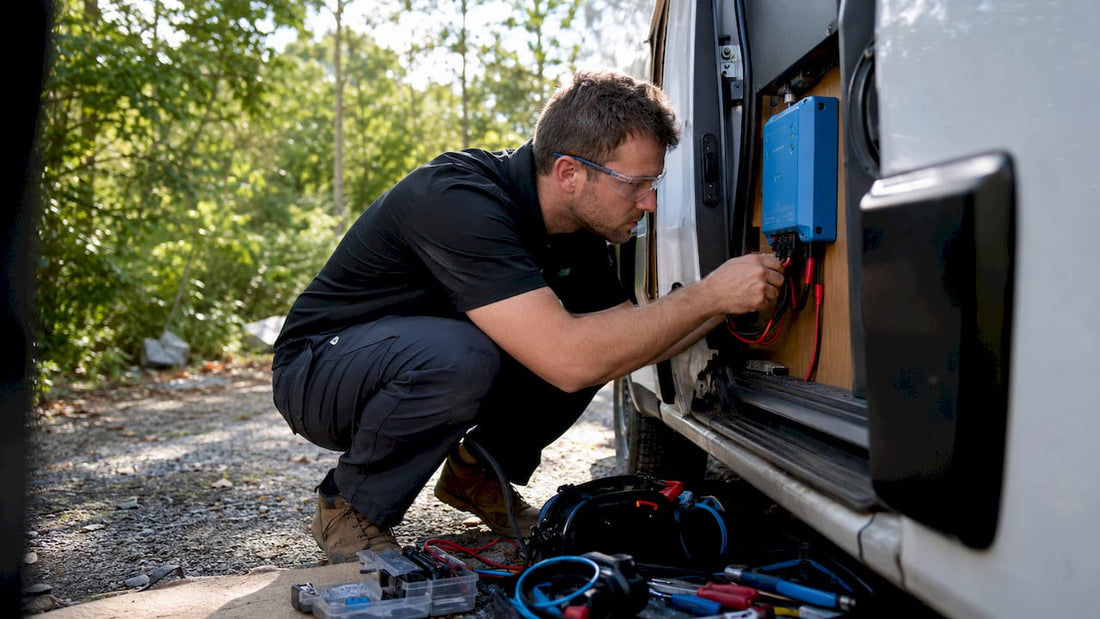 Technician installing DC-DC charger in van