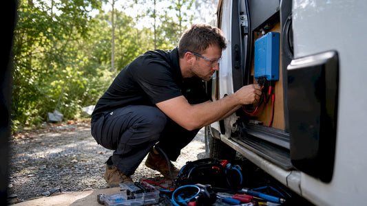 Technician installing DC-DC charger in van