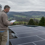 Homeowner inspecting solar panels on UK roof