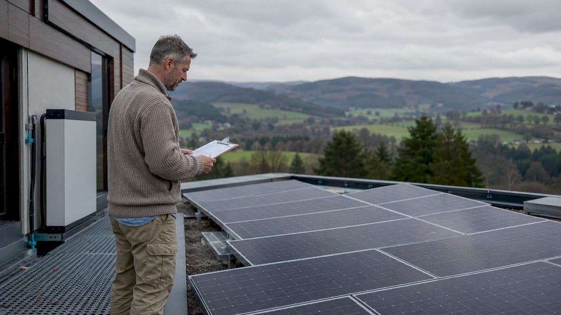 Homeowner inspecting solar panels on UK roof