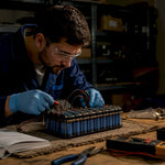 Technician inspecting balanced charging battery pack