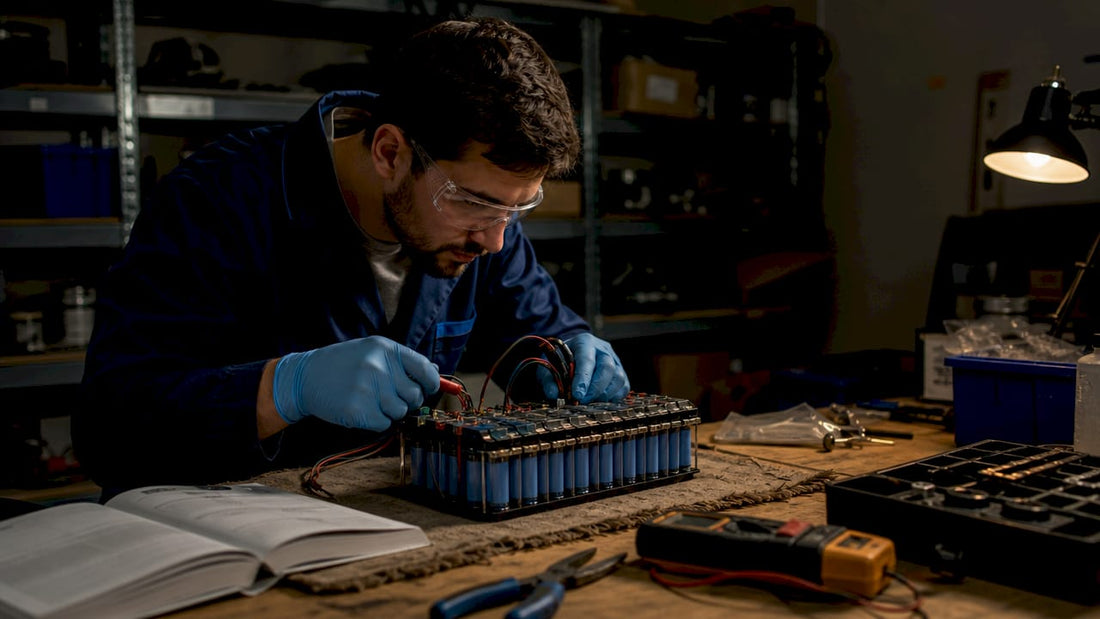 Technician inspecting balanced charging battery pack