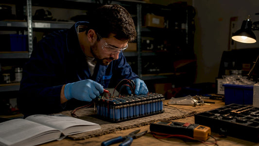 Technician inspecting balanced charging battery pack