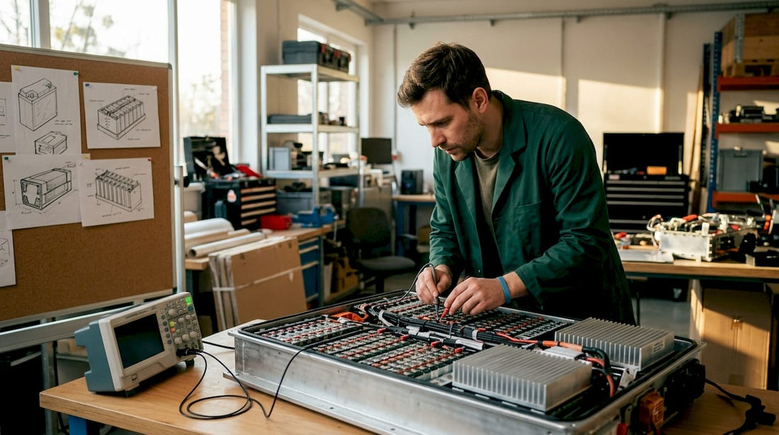 Engineer inspecting battery with passive cooling elements