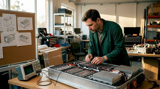 Engineer inspecting battery with passive cooling elements
