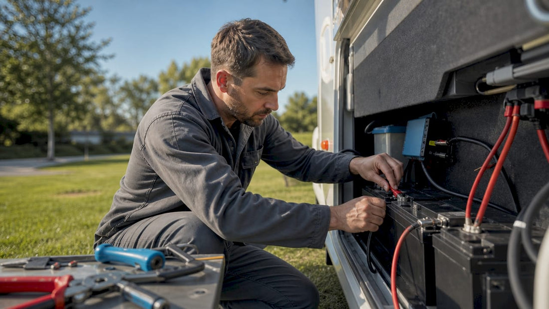 Mechanic wiring dual batteries in leisure vehicle