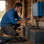 Technician inspecting off-grid inverter setup