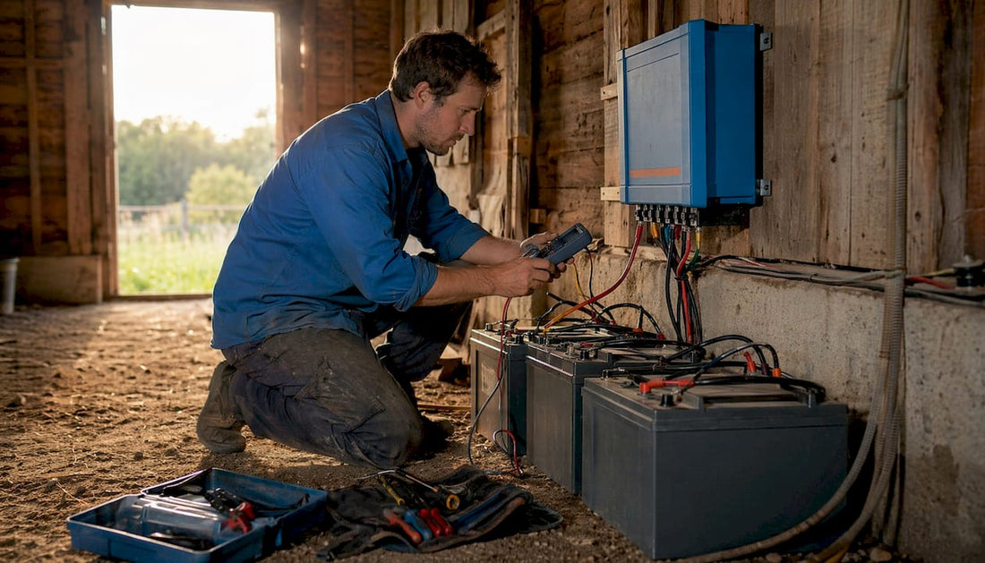 Technician inspecting off-grid inverter setup