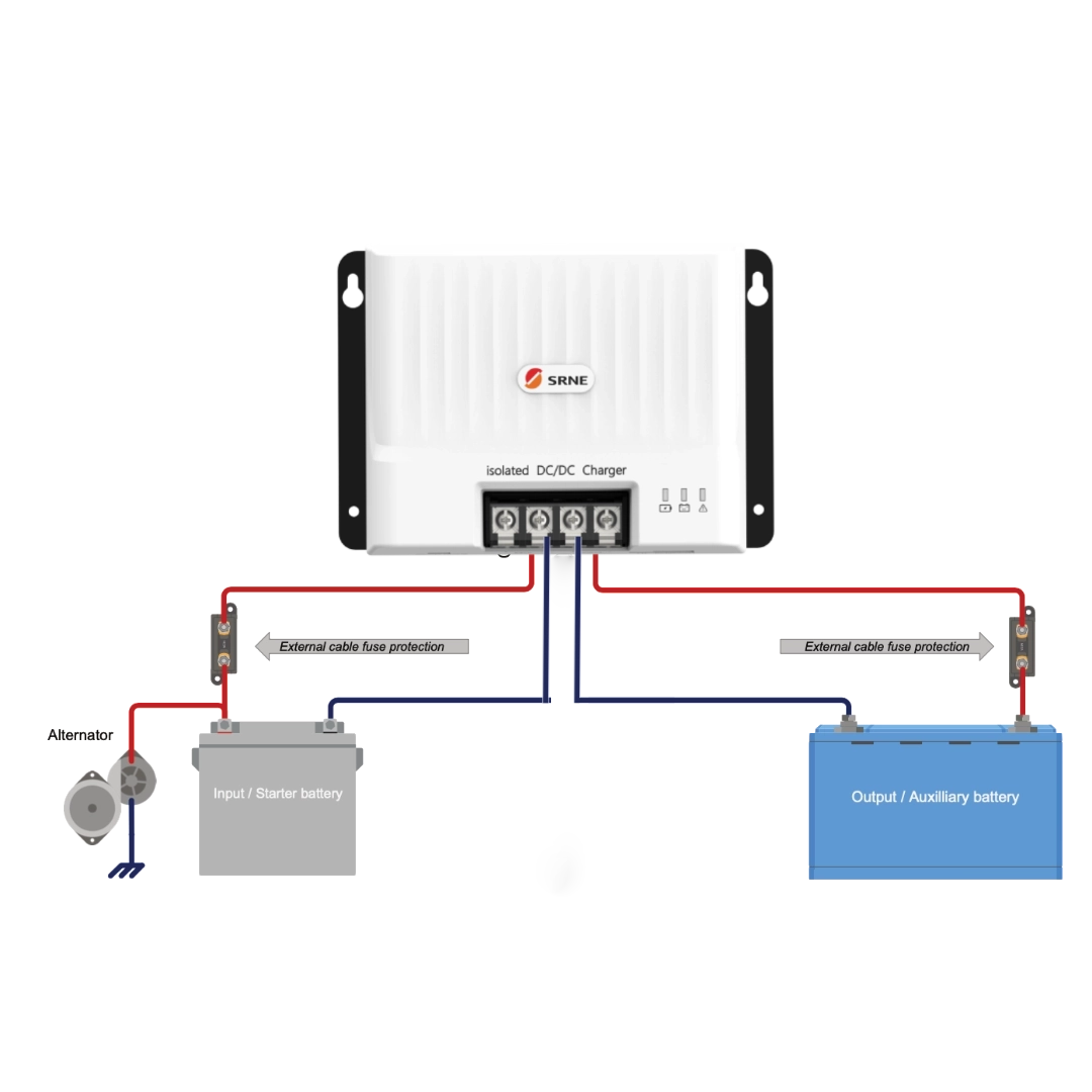 12V Battery To Battery Charger Kit - Includes SRNE DCI12-1230 DC-DC Charger with built-in Bluetooth
