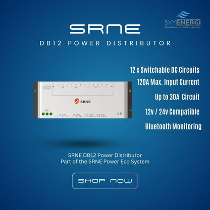 SRNE DB12 Power Distributor on a blue background with product details.